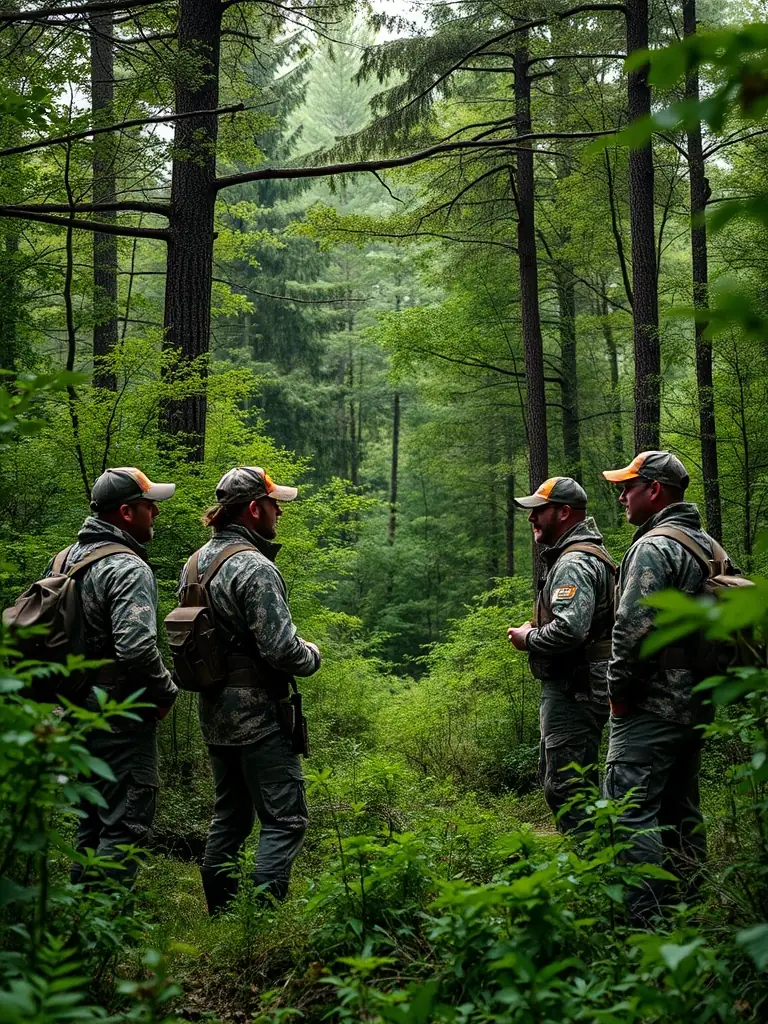 A group of hunters in camouflage gear walking through a dense forest during a SOCIETE DES CHASSEURS hunting expedition, showcasing teamwork and responsible hunting practices.