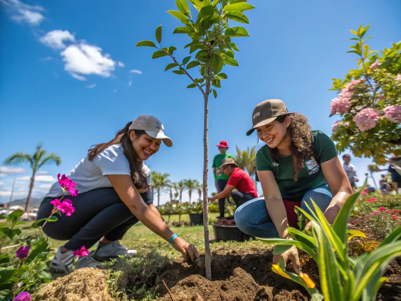 A photograph showing a group of hunters participating in a wildlife conservation project, planting trees and creating habitats for local game species.