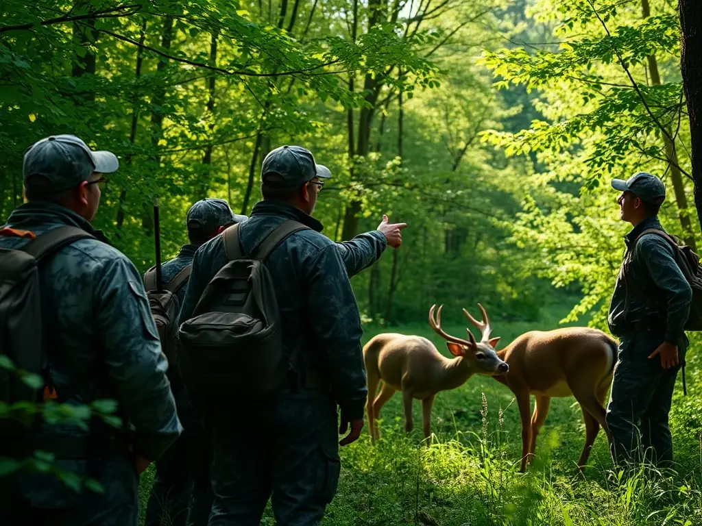 A photograph capturing a group of hunters participating in a guided deer hunting tour in a dense forest, showcasing the excitement and camaraderie of the event.
