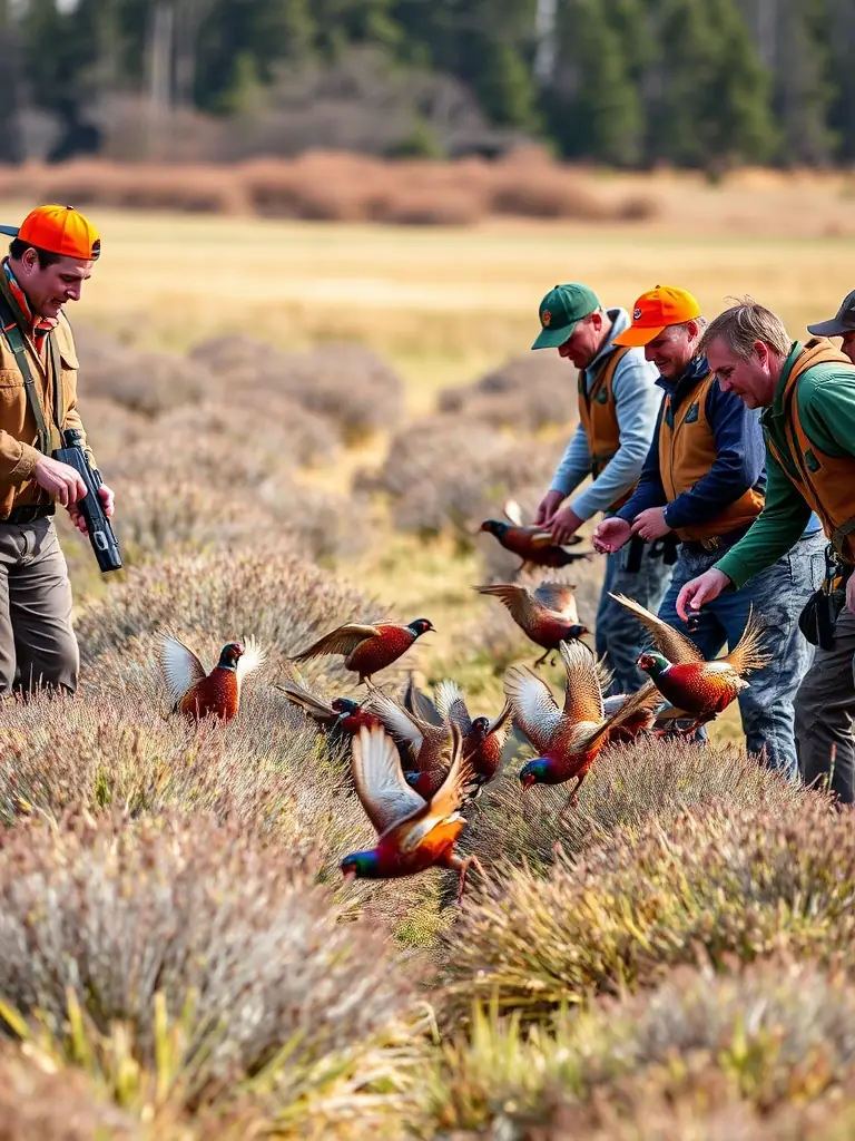 SOCIETE DES CHASSEURS members releasing pheasants into a managed habitat, illustrating their commitment to wildlife conservation and habitat improvement.