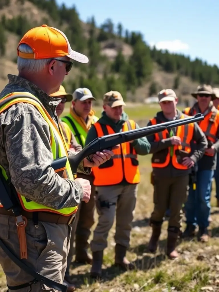 A SOCIETE DES CHASSEURS instructor demonstrating safe firearm handling techniques to a group of members during a training session, emphasizing safety and skill development.